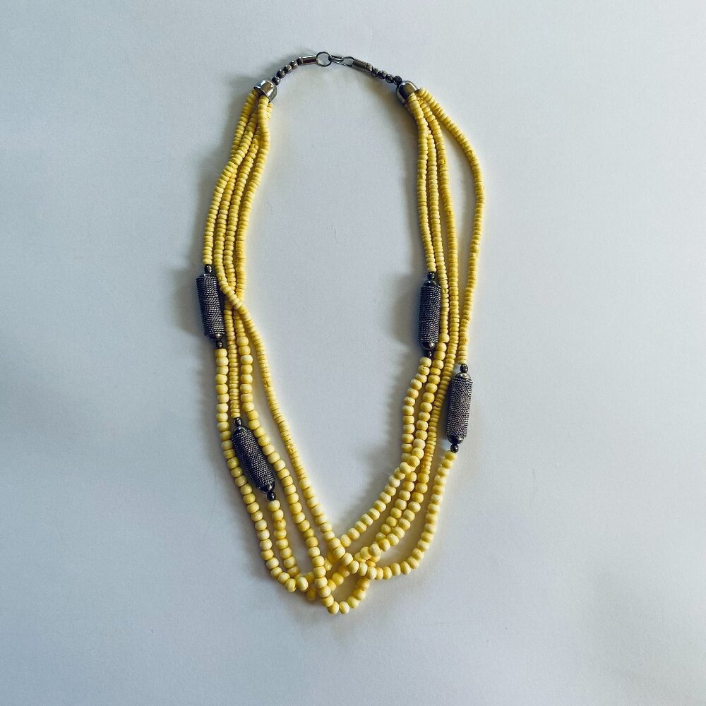 Vintage Yellow Beaded 4-Layer Necklace w/Silver-Tone Beads, 13.5 in.